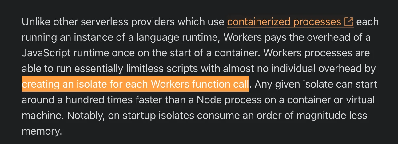 An excerpt from Cloudflare&#x27;s "How Workers works" page with the highlighted words "creating an isolate for each Workers function call"