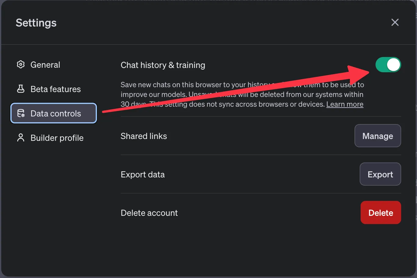 a screenshot of ChatGPT "Data Controls" settings