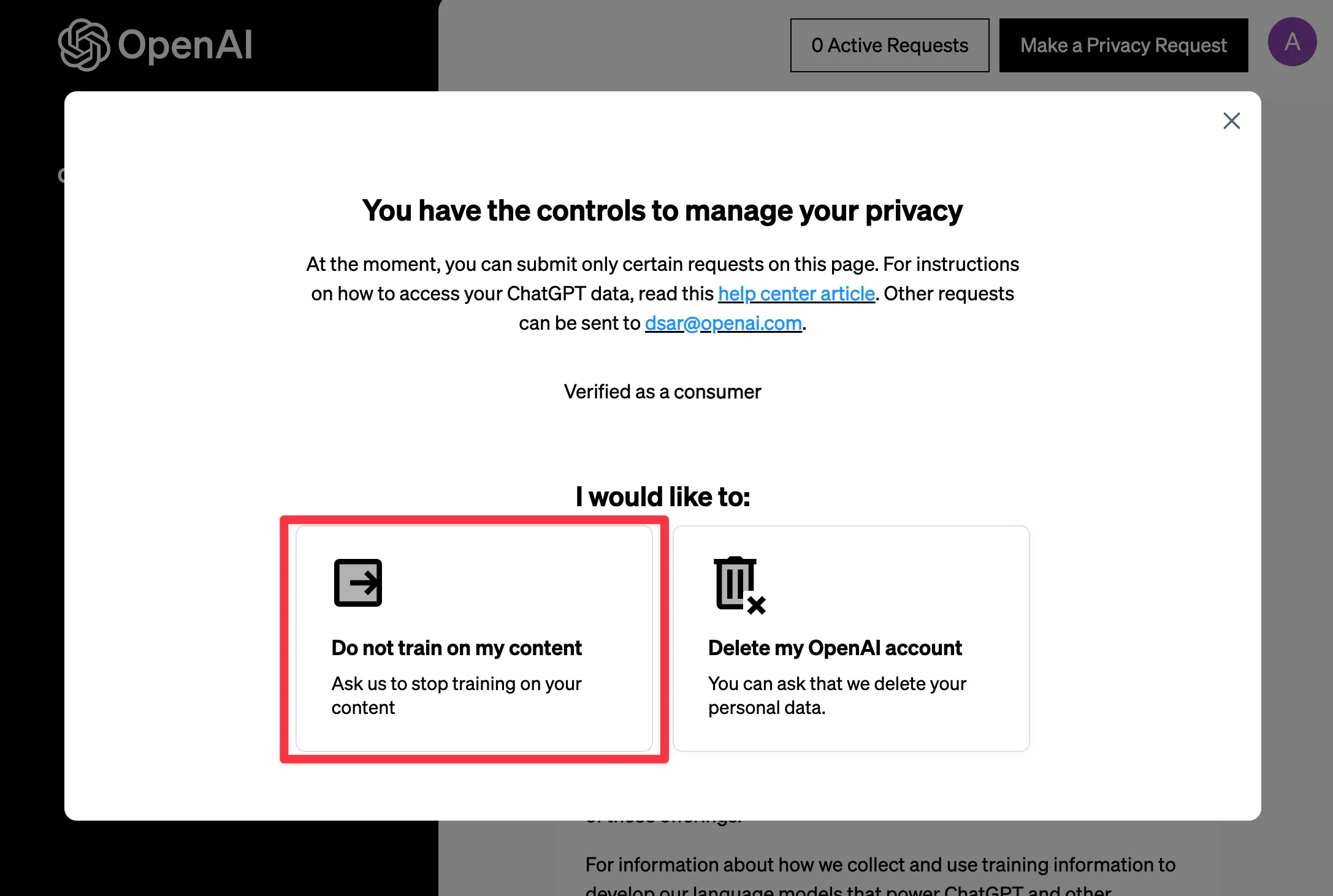 a screenshot of the OpenAI Privacy Request Portal