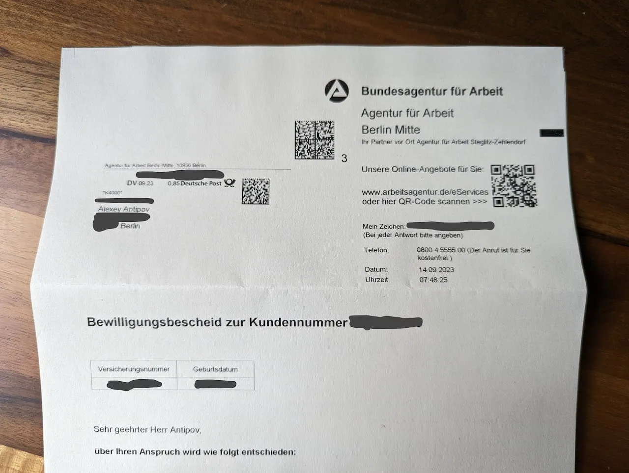 the letter from german empoloyment agency